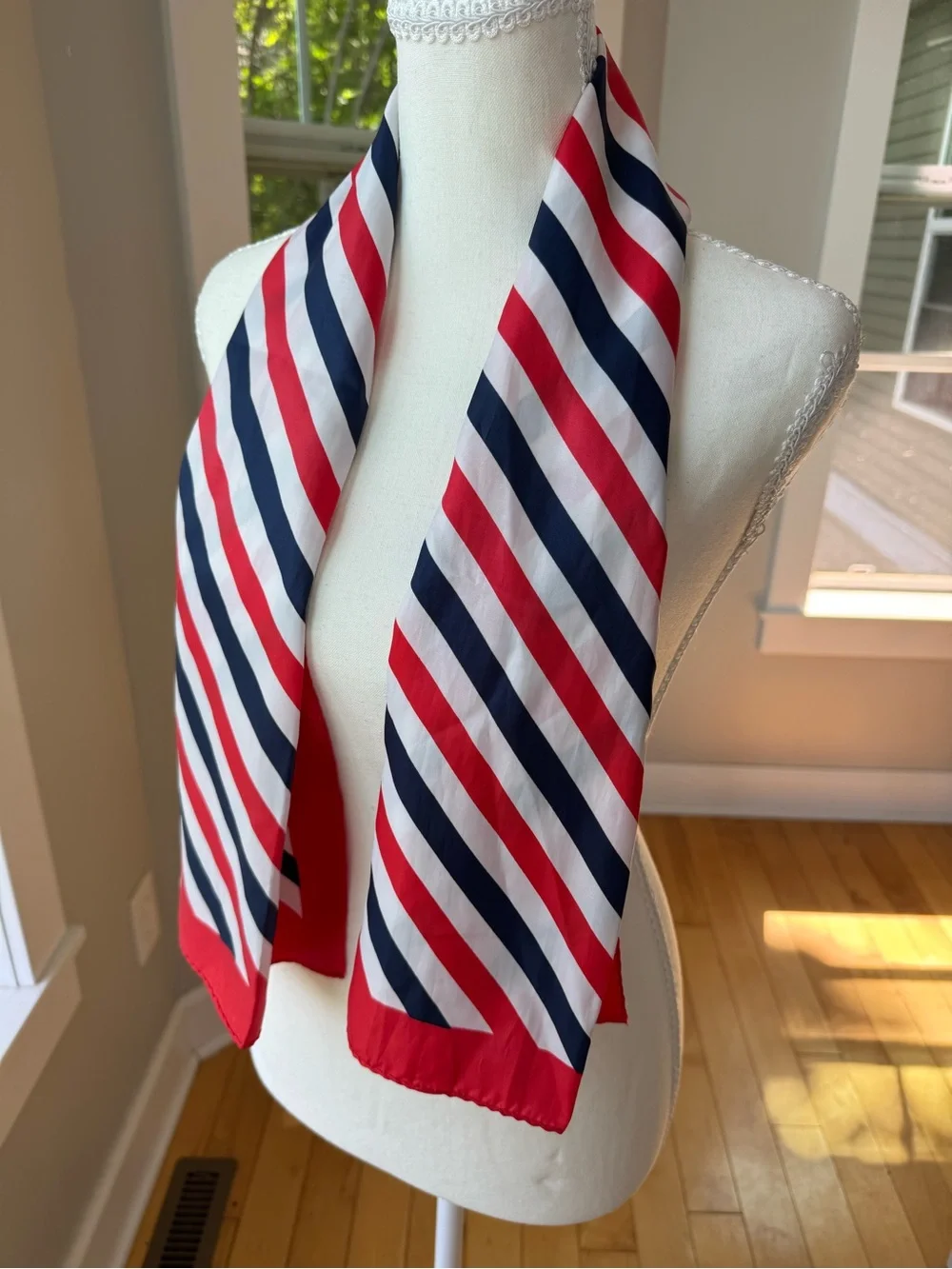 Vintage Red, Navy & White Striped Silk-Feel Rectangular Neck Scarf